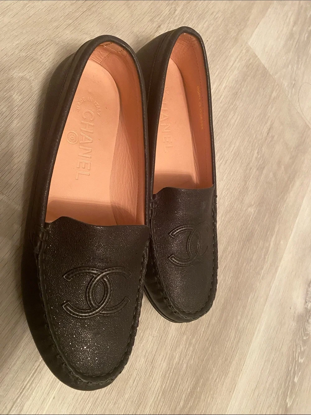 CHANEL Black Leather CC Logo Driving Loafers size 6.5